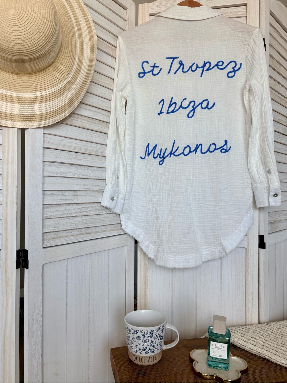 Blue Island St. Tropez Ibiza Mykonos Gauze Button Front Beach Shirt Cover-Up - Picture 3 of 13